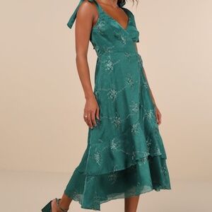 Lulus Elegant Direction Green Embroidered Ruffled Tie-strap Midi Dress - Size XL